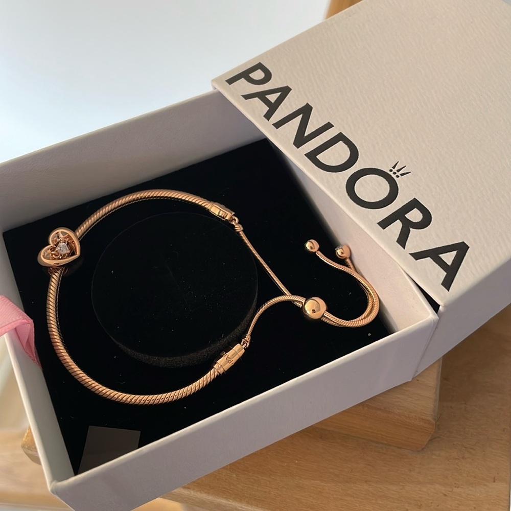 Pandora Radiant Heart & Floating Stone Charm Slider Bracelet Rose Gold